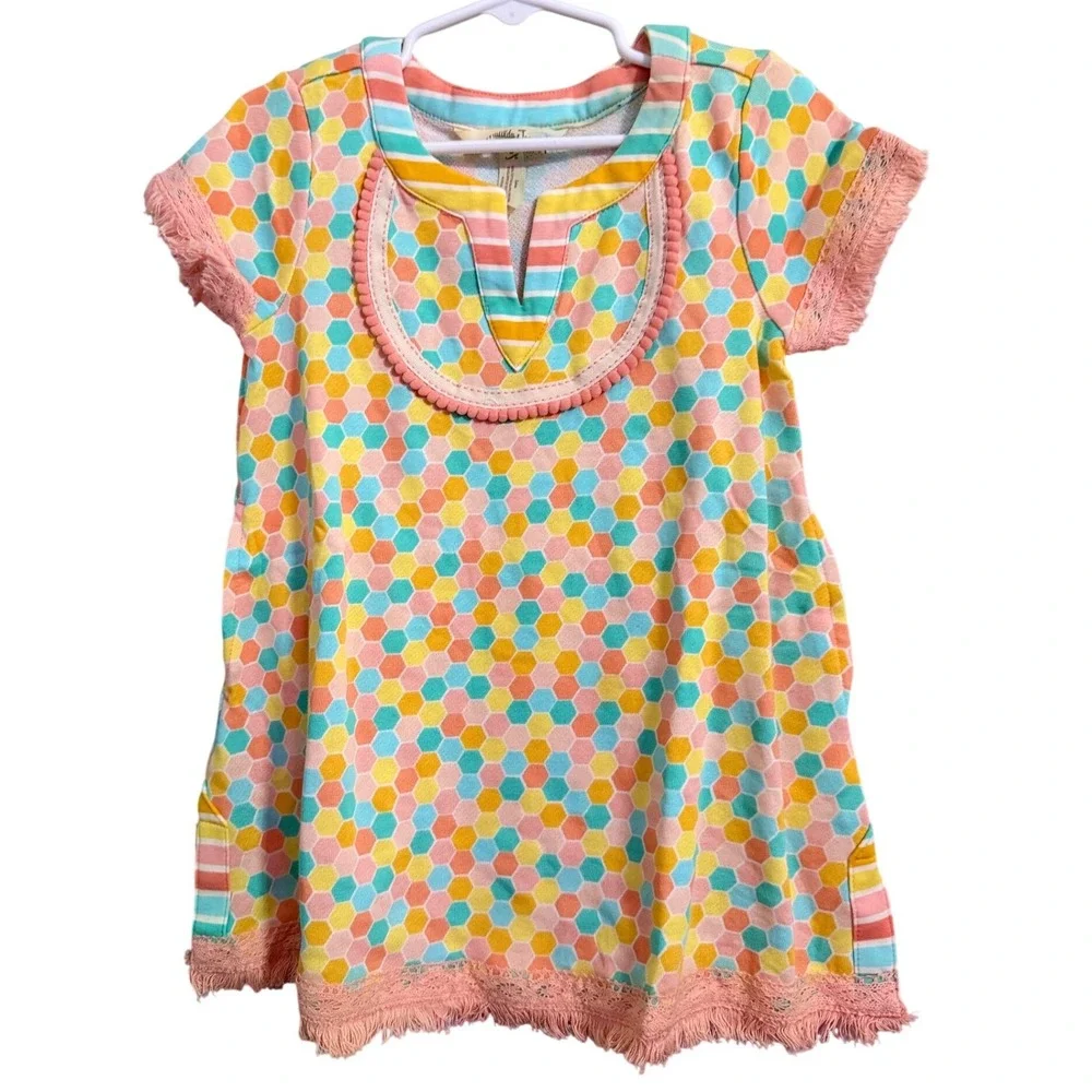 Matilda Jane‎ Girls Honeycomb Print Fringe Pink Yellow Aqua Orange swim coverup